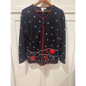 VintageColdwater Creek Cardigan Sweater Womens Large Black Christmas UGLY Y2K